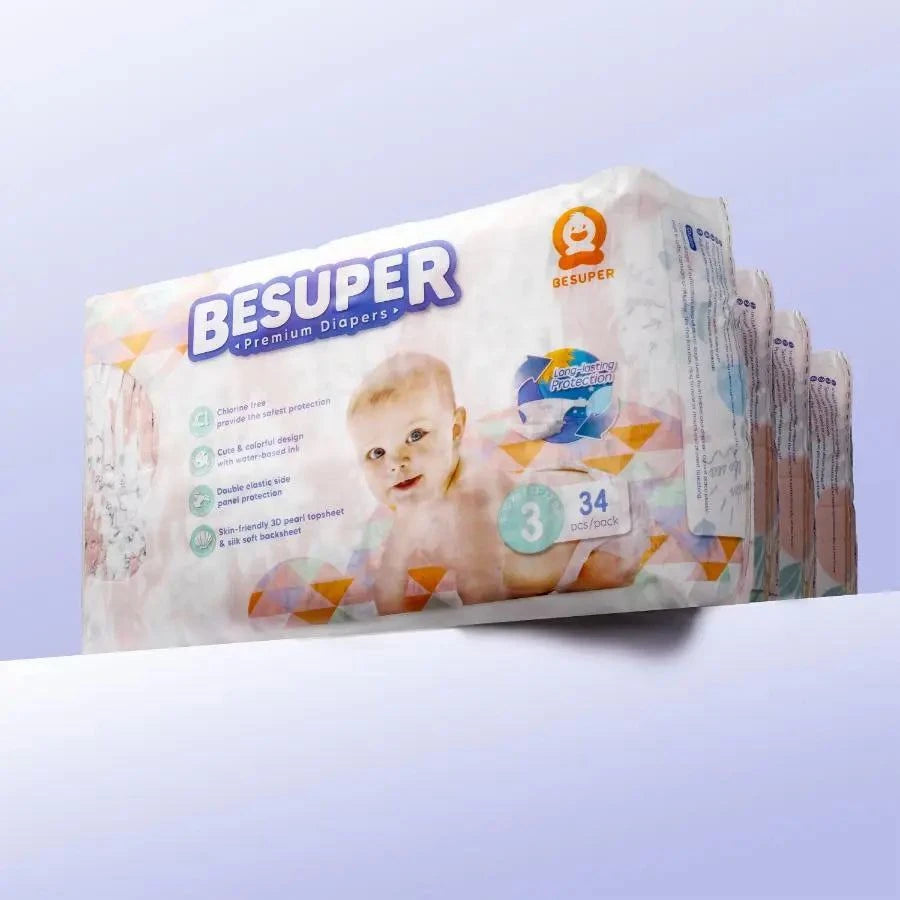 BeSuper Premium Pelene - soft, absorbent, eco-friendly baby diapers in colorful design.