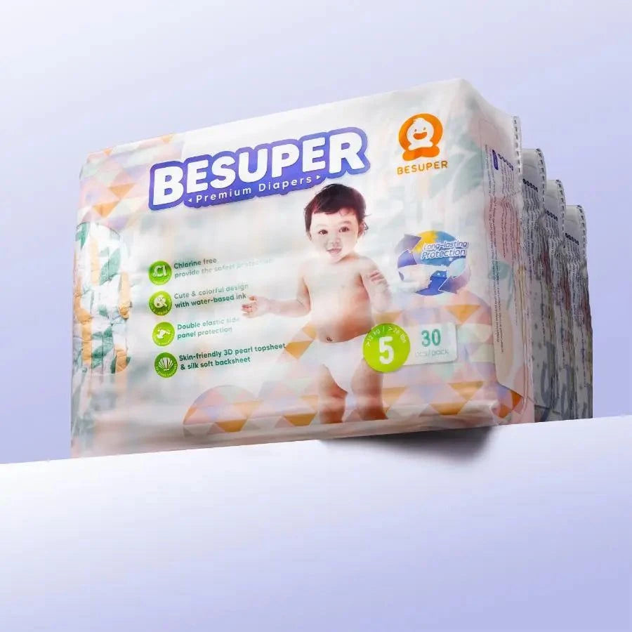BeSuper Premium Pelene package with colorful design, eco-friendly materials, and aloe protection for baby's skin.