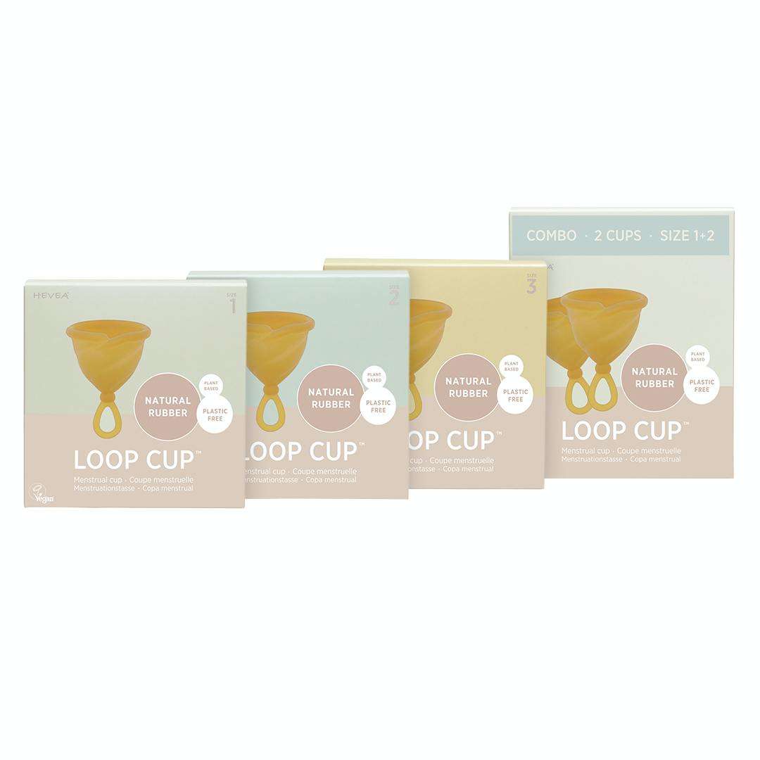 Hevea menstrual cup made from natural rubber, Loop Cup with packaging. Eco-friendly, reusable alternative to pads and tampons.