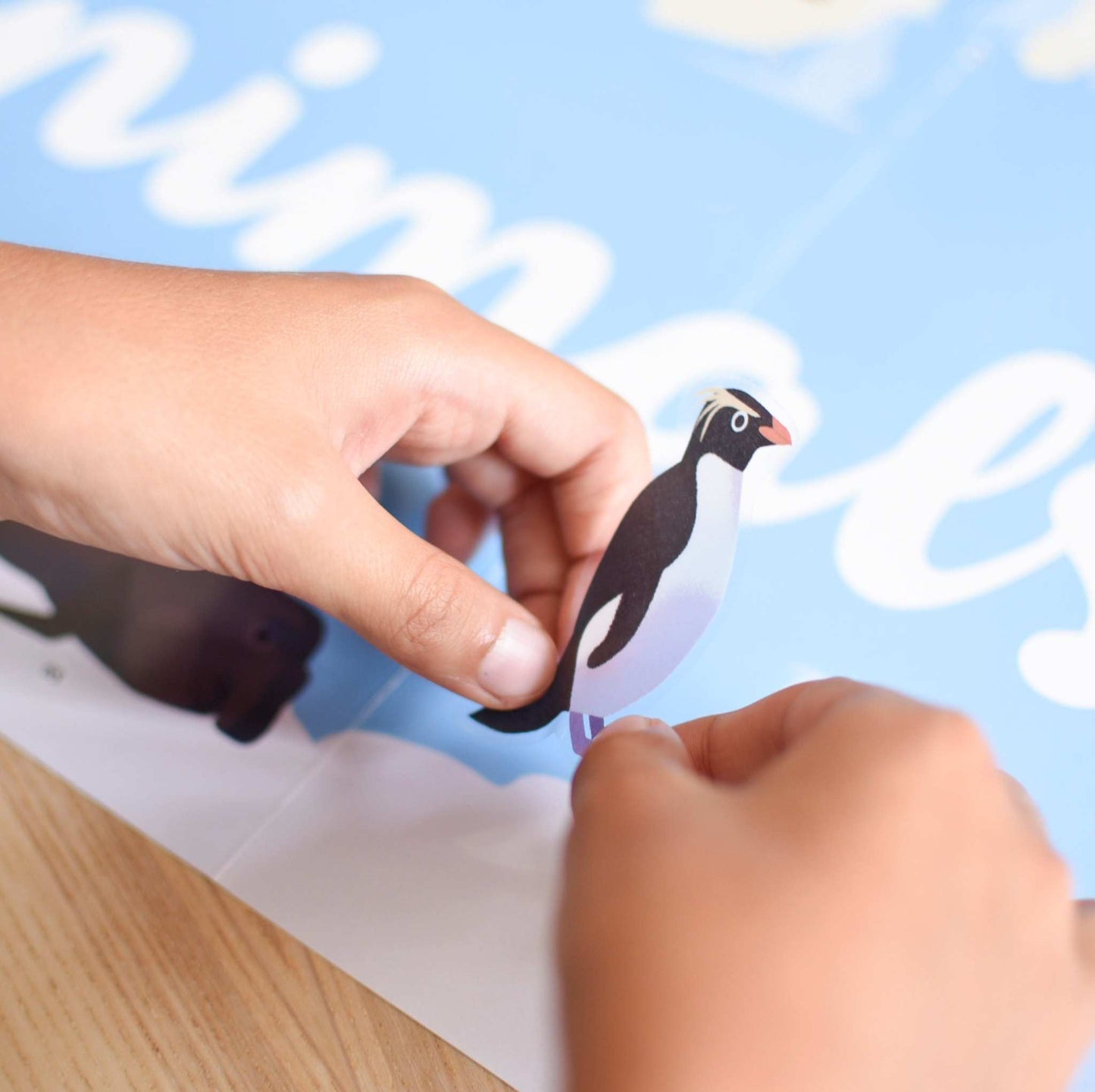 Educational animal sticker poster with world map for kids, hands placing penguin sticker.