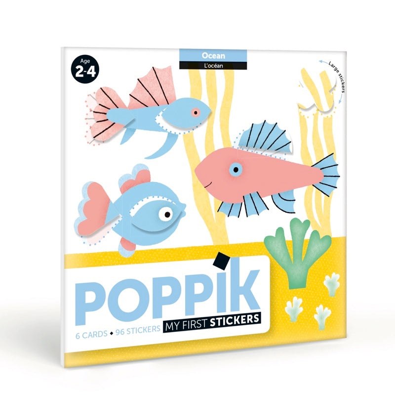 Poppik Moje prve nalepnice set with ocean-themed illustrations for kids aged 2-4, featuring 96 removable stickers and 6 large pictures to complete.