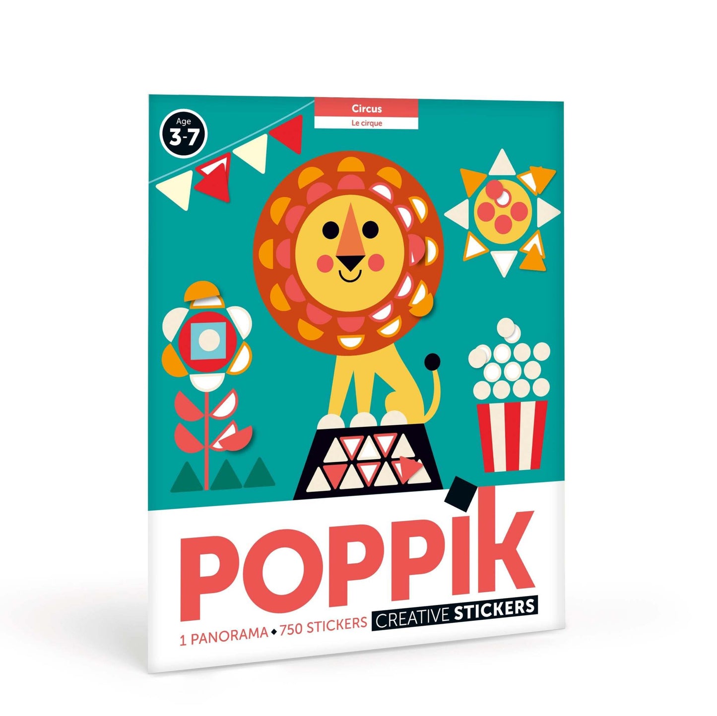 Creative sticker activity set for kids aged 3+, featuring dinosaur-themed Poppik Panorama with over 750 repositionable stickers for developing motor skills.
