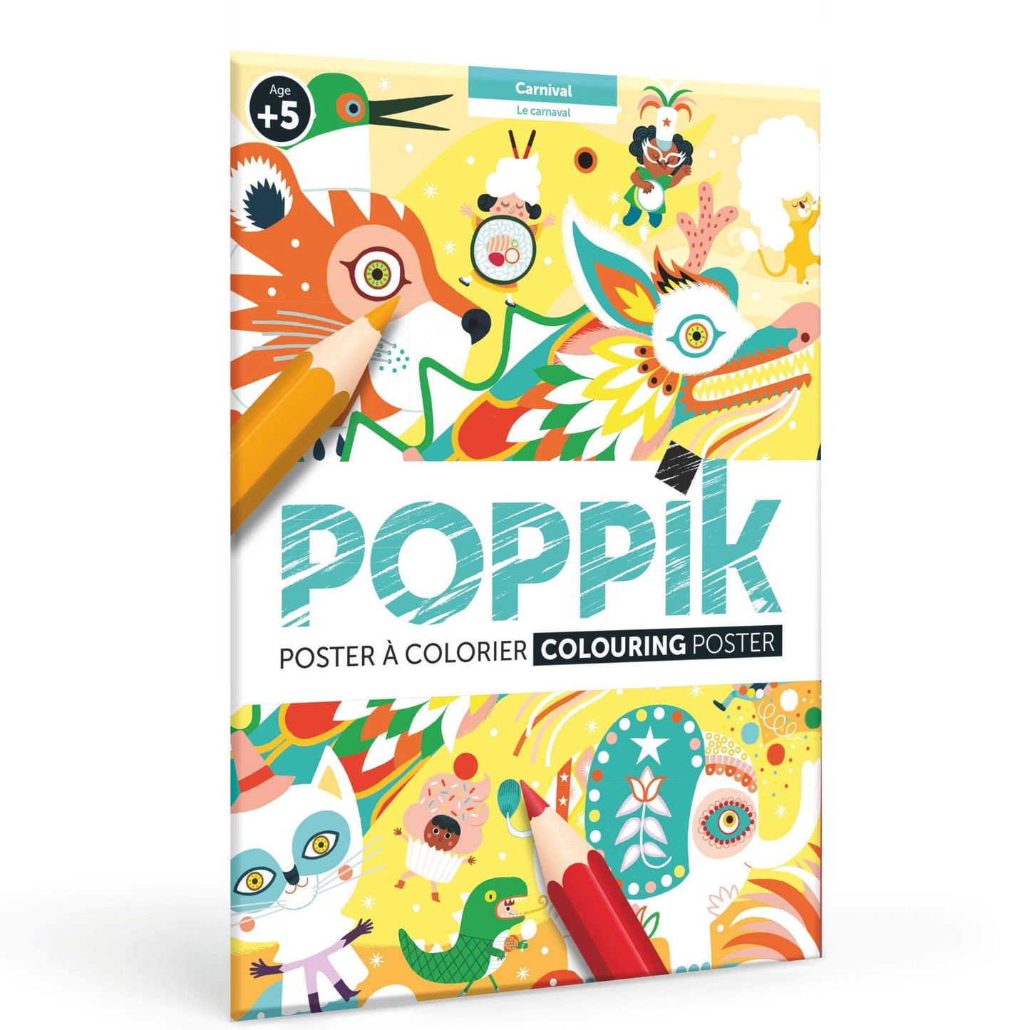 Colorful Poppik coloring poster for kids aged 5+, carnival theme design.