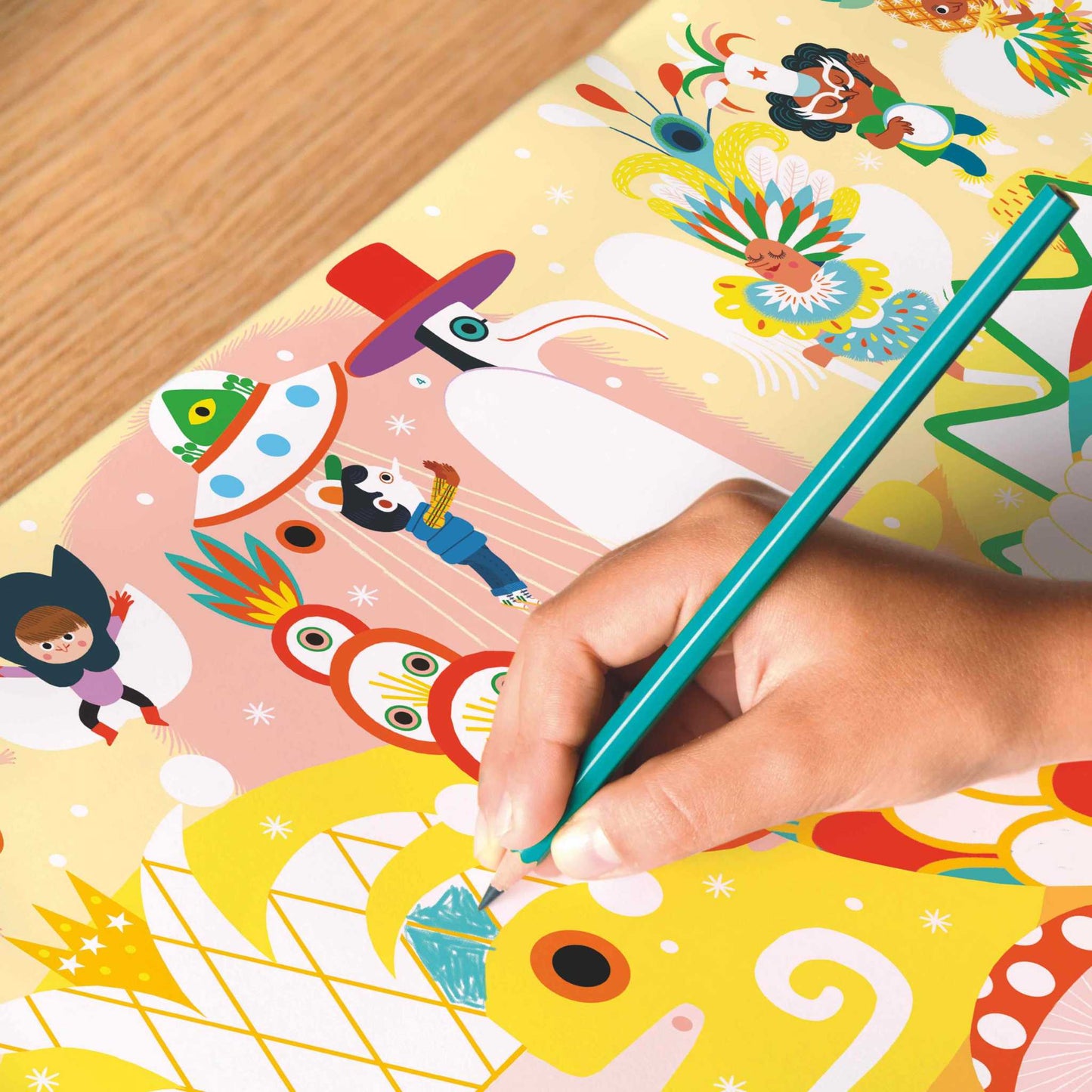Coloring a carnival-themed Poppik Poster for kids aged 5+, featuring vibrant illustrations.