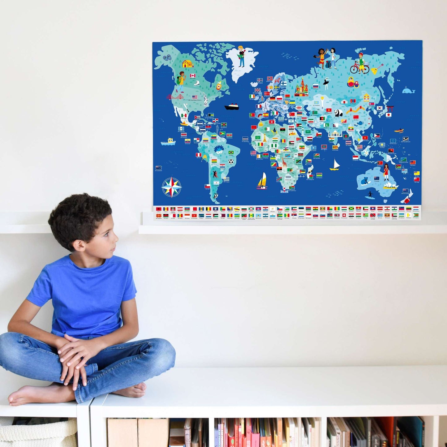 Educational poster with removable flag stickers for learning about world countries and capitals.