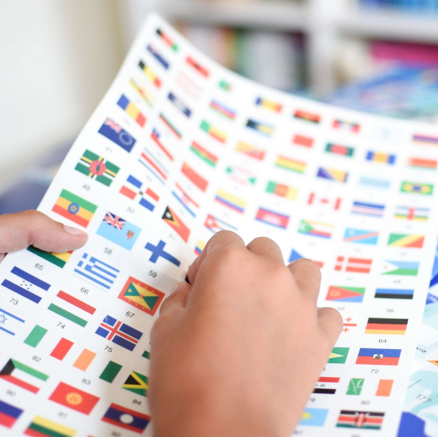 Educational poster with repositionable flag stickers for learning country names.