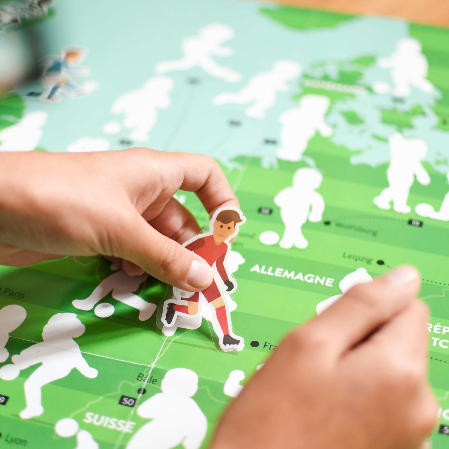 Educational poster with removable football stickers, map features European teams, for ages 7+.