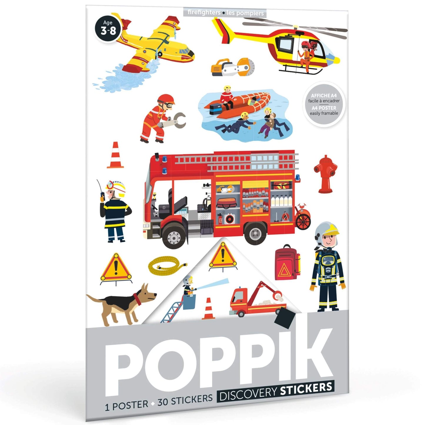 Educational Poppik sticker poster for children aged 3+, themed illustrations in French and English.