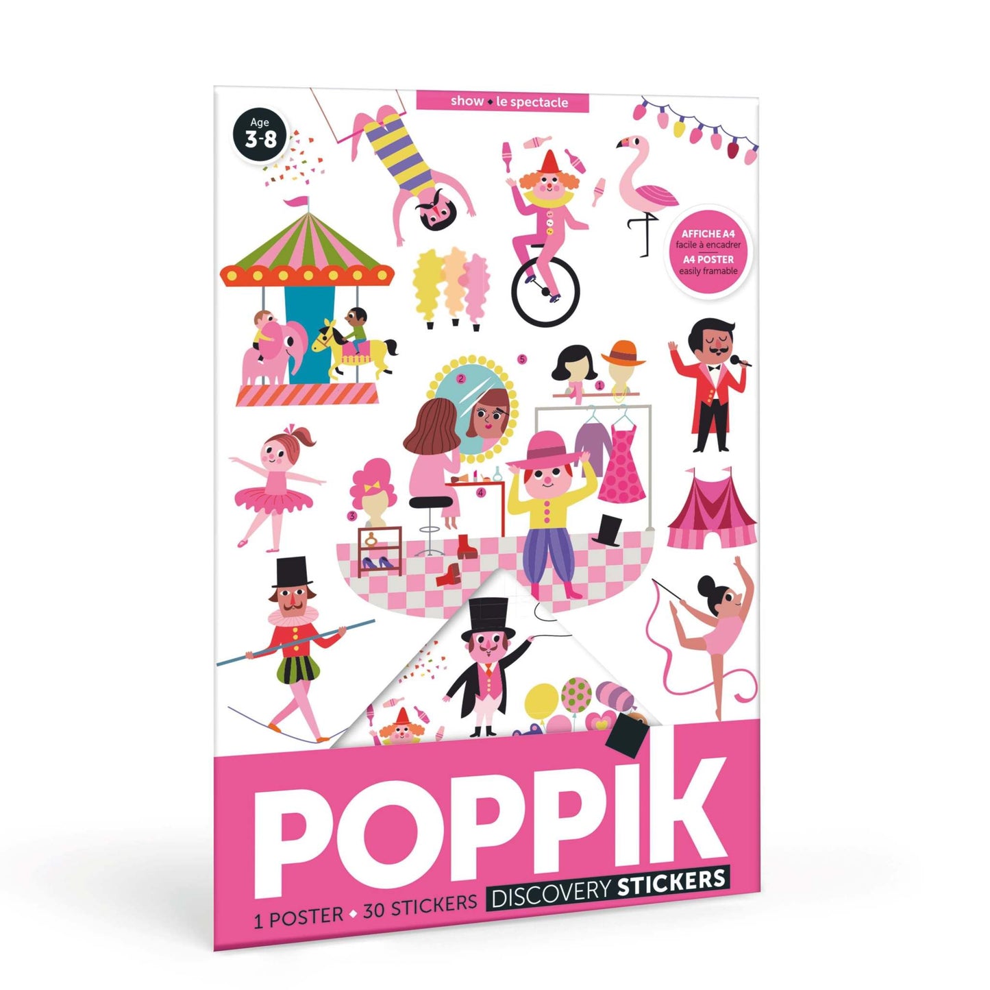 Poppik educational poster with stickers, designed for children ages 3+, featuring a mini discovery theme with removable, reusable stickers.