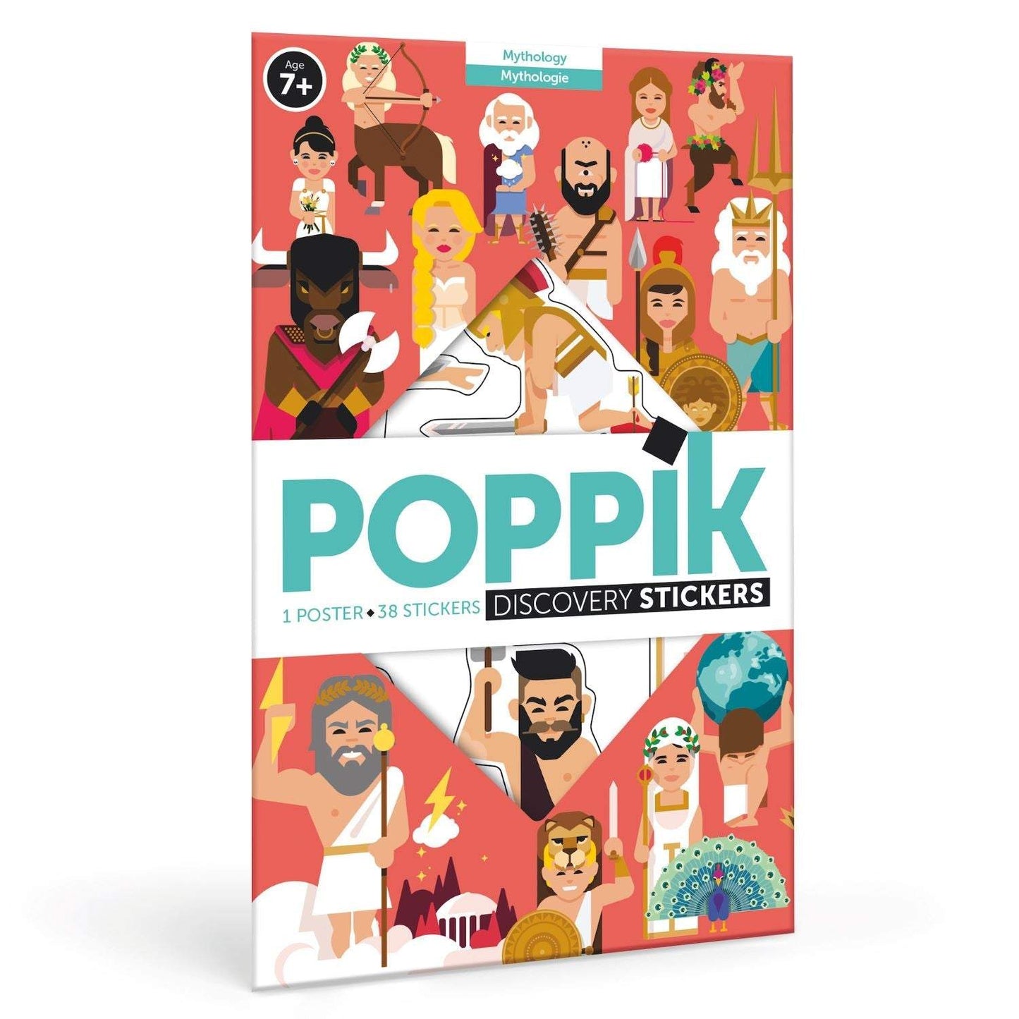 Educational mythology poster with stickers for kids 7+, featuring Greek mythological figures and attributes, multilingual details included.