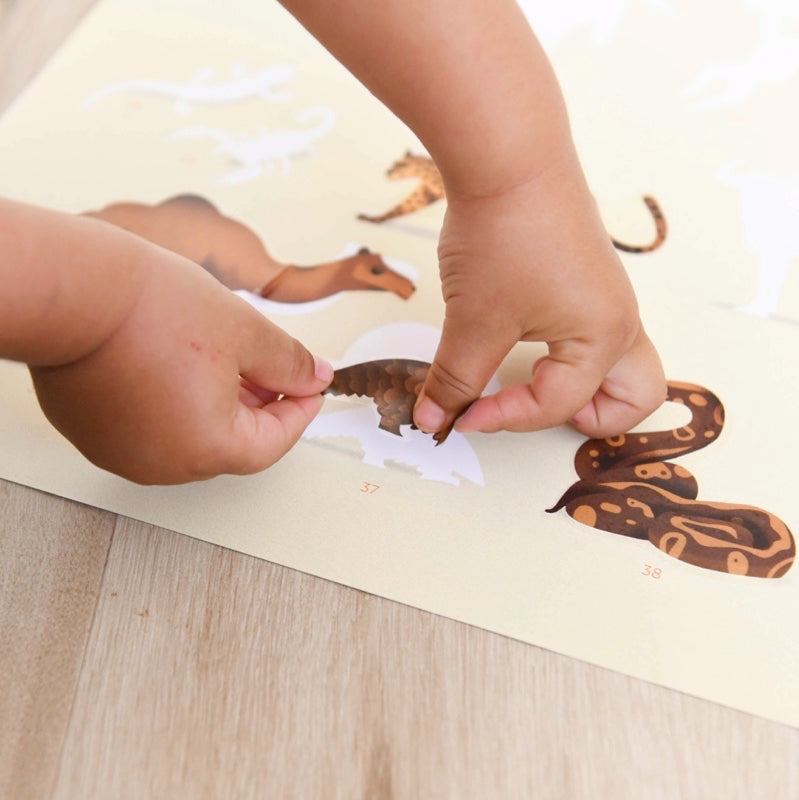 Child placing savanna animal sticker on educational poster.