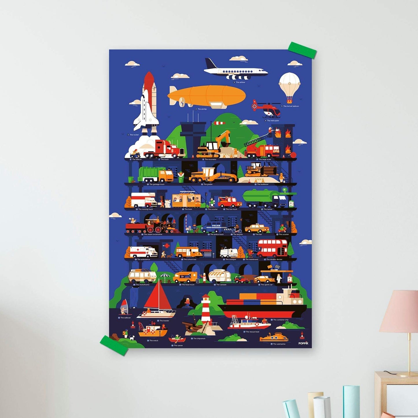 Edukativni poster sa nalepnicama vozila za decu, Poppik, obostrani na francuskom i engleskom.