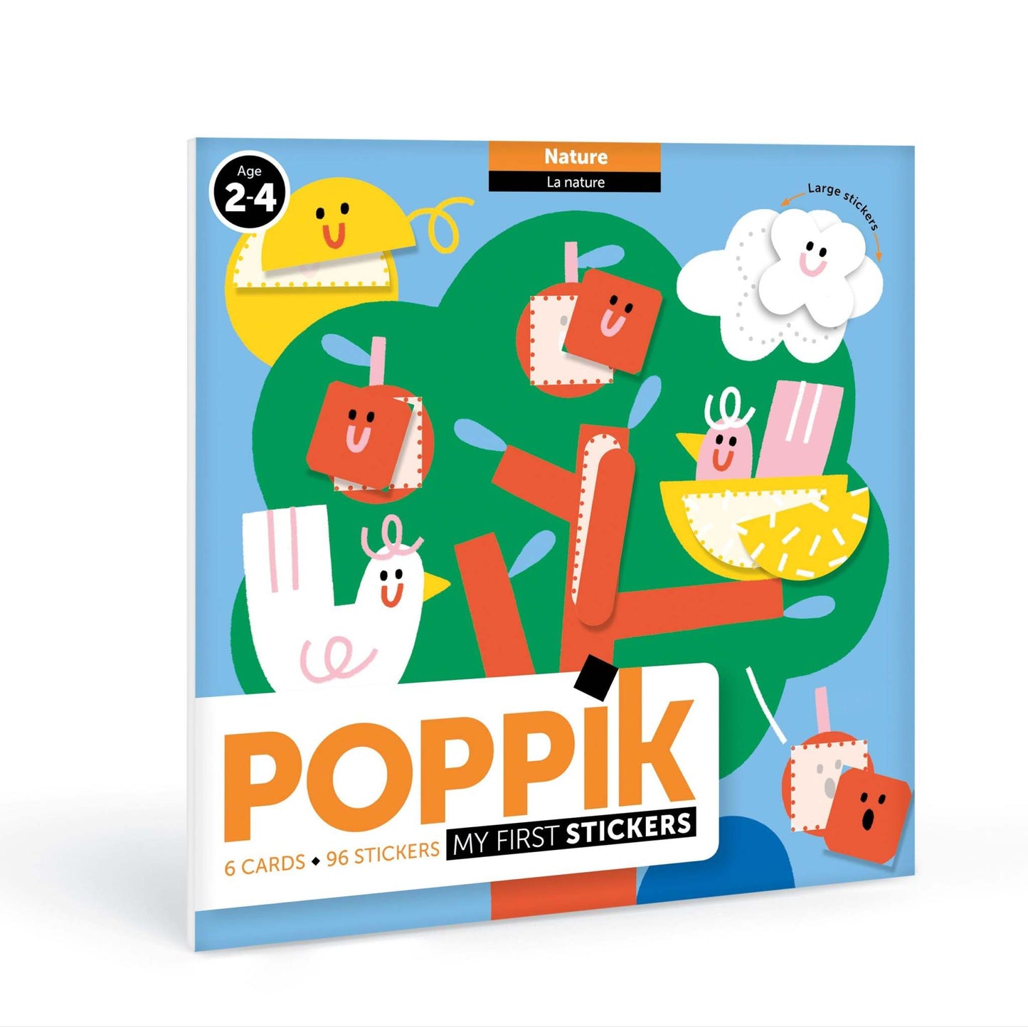 Poppik Moje prve nalepnice set for kids aged 2+, featuring six large images with repositionable stickers.