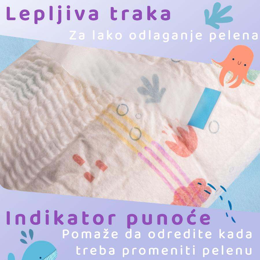 BeSuper Premium Pelene-Gaćice with adhesive strip and wetness indicator, eco-friendly colorful design.