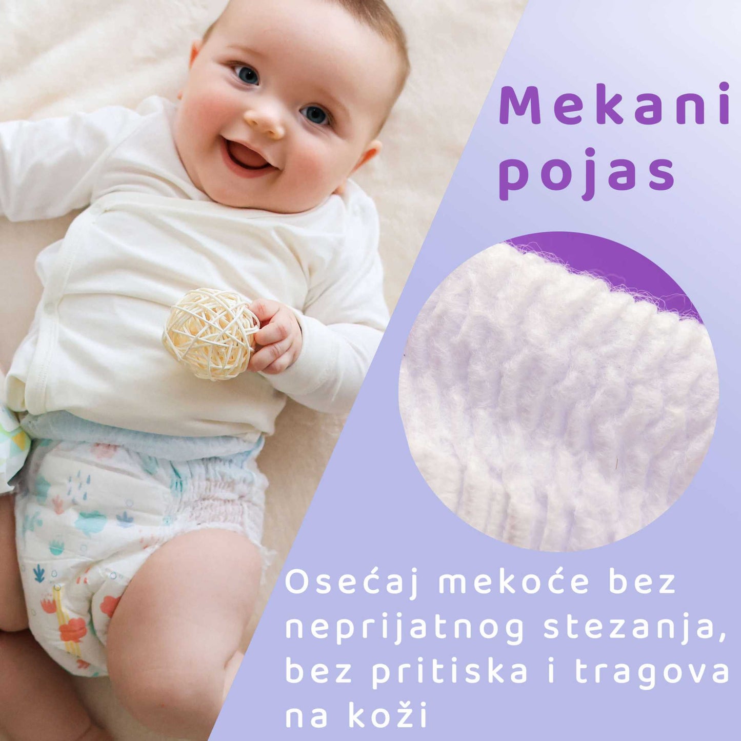Baby wearing BeSuper Premium Pelene-Gaćice with soft waistband, provides comfort and protection.