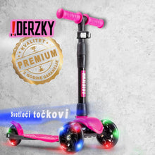 Trotinet Derzkij Baby 1-5 godina with bright colors and light-up wheels, featuring a durable, lightweight polymer frame, adjustable handlebar, and reflective safety elements.