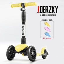 Trotinet Derzkij Baby Style for kids 1-5 years, yellow design, large wheels, adjustable handlebar.