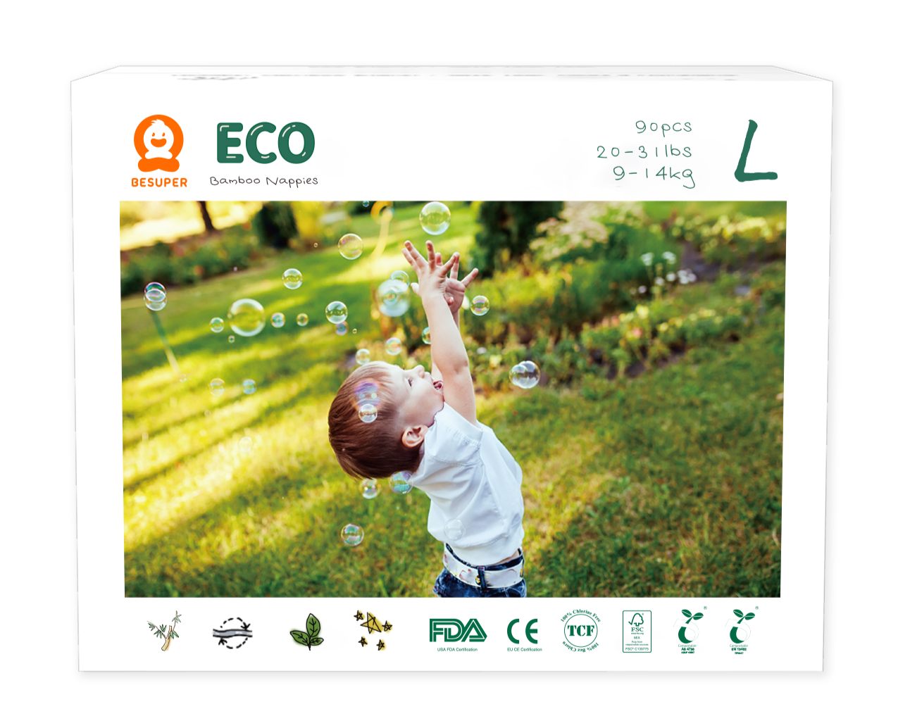 BeSuper ECO Bamboo Pelene L (9-14 kg) 90 kom