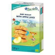 Fleur Alpine baby biscuit with apple juice, organic, whole grain, 6+, 120g packaging.