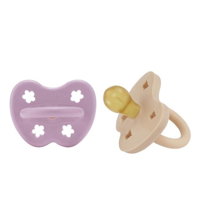 Hevea natural rubber pacifiers set, orchid and sand colors, 3-36 months.