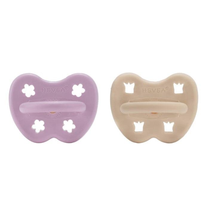 Hevea natural rubber pacifiers for 3-36 months, orchid and sand colors, 2-pack.