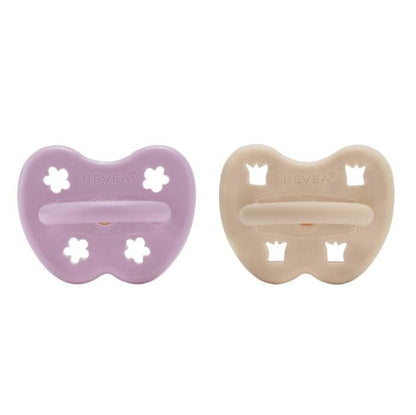 Hevea natural rubber pacifiers for 3-36 months, orchid and sand colors, 2-pack.