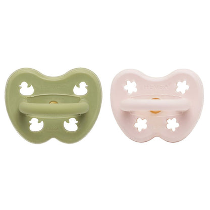 Hevea okrugla cucla od prirodne gume (3-36 mes) 2 kom, Puder roza i Mahovina zelena