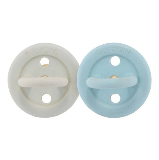 Hevea round natural rubber pacifiers for babies (0-3 months), pack of 2, in denim and sage colors.