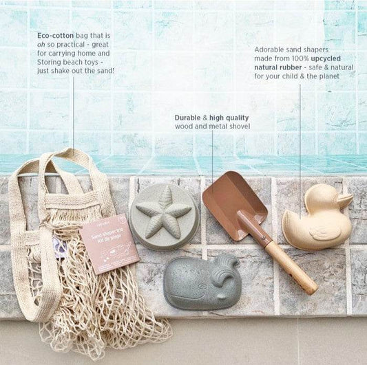 Hevea children's sand toy set with eco-friendly rubber shapers, durable shovel, and cotton bag by the pool.