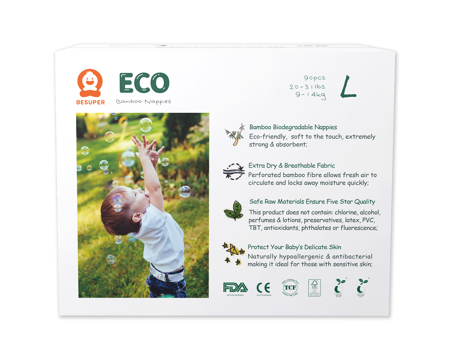 BeSuper ECO Bamboo Pelene L (9-14 kg) 90 kom