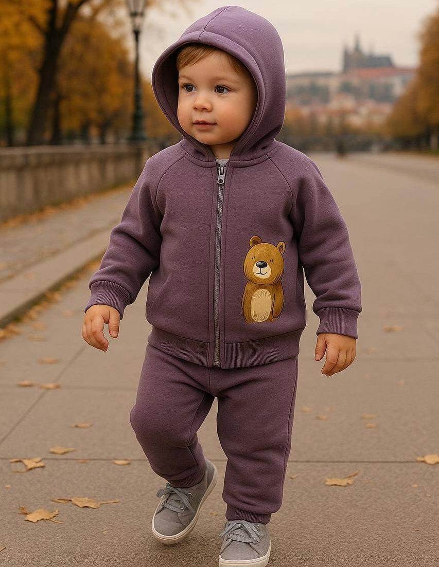 WOWO Kids Komplekt sa medo: pantalone, duks sa patent zatvaračem i kapuljačom