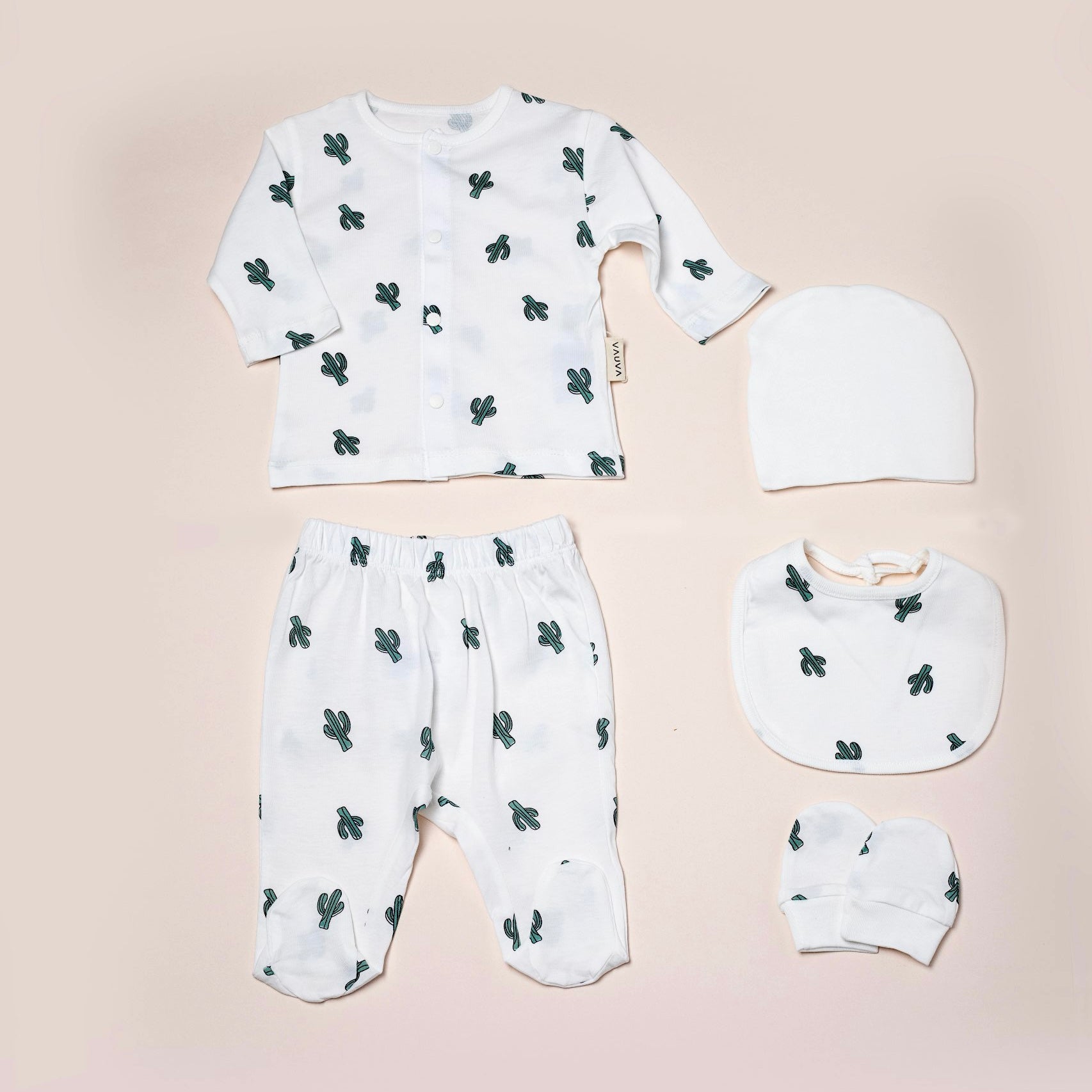 VAUVA Set 5 za novorođenčad: pantalonice, majica dugih rukava, capica, portikla, rukavice - kaktus