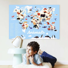 Educational animal discovery poster with 67 repositionable stickers, featuring a world map for kids in English and French by Olivier Latyk.