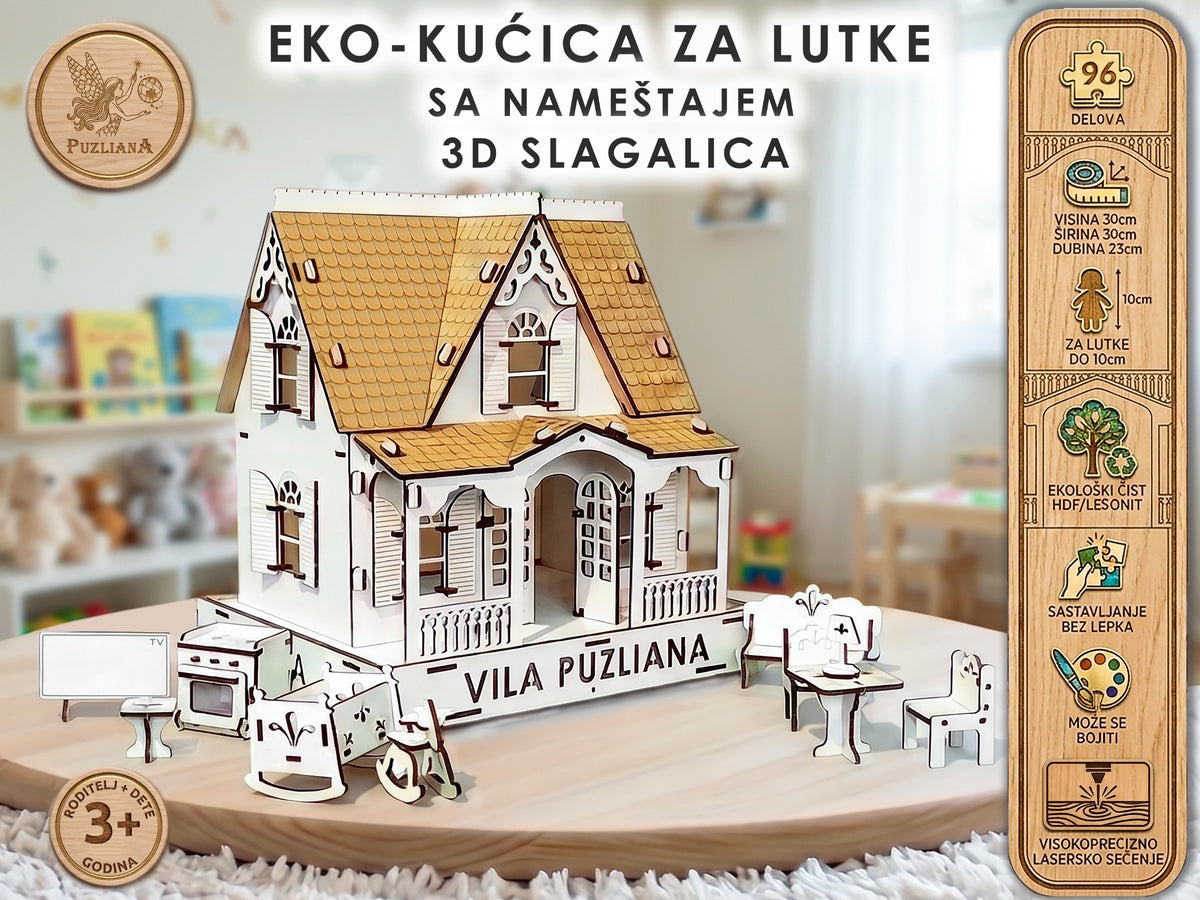 PUZLIANA drvena kućica za lutke za sklapanje