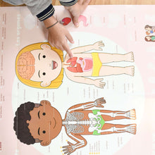 Educational human body poster with stickers for kids, featuring terms in multiple languages.